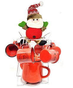 Jogo Ágata Natal Bule, Canecas Esmaltadas, Suporte Cromado e Papai Noel Iluminado LED - Magizi