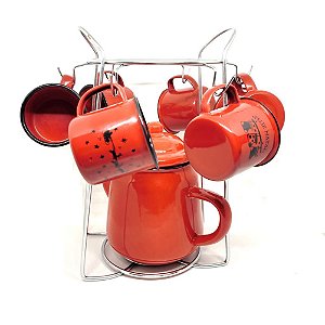 Kit Bule Esmaltado, Mini Canecas Vermelho Ágata Natal e Suporte Cromado 8 Peças  - Magizi