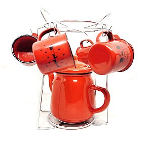 Jogo Bule com 6 Canecas Esmaltadas Vermelho Ágata Natal e Suporte Cromado - Magizi