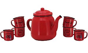 Kit Bule e 6 Canecas Esmaltadas Vermelho Ágata Decorado Natal - Magizi