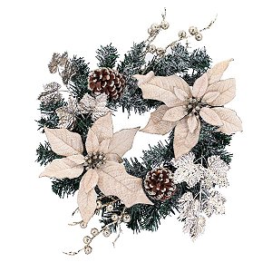 Guirlanda Decorada Champanhe Luxo Bico de Papagaio e Pinhas Naturais 35cm - Magizi