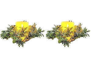 Jogo 2 Porta Velas Natal Guirlanda Verde Nevado 20cm com Vela Eletrônica LED 10cm - Magizi