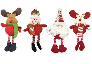 Conjunto 4 Bonecos Pelúcia Pendente Natal Perna Miçanga 15cm
