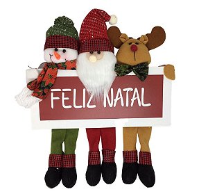 Placa Feliz Natal Madeira Papai Noel, Boneco Neve, Rena 34cm