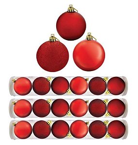 Kit 18 Bolas Natal Mista Glitter, Fosca, Lisa Vermelha 7cm