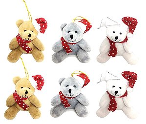 Kit Ursinho Pelúcia Natal Pendente com Gorrinho 15cm 6 Un