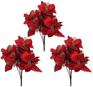 Kit 3 Buquê Natal Bico de Papagaio Vermelho 5 Flores 47cm