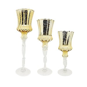 Jogo Castiçal Vidro Dourado Gold 3 Unidades 25cm a 35cm - Wincy