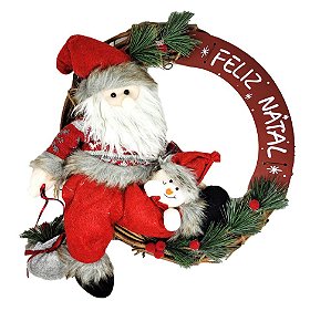Guirlanda Decorada Rústica Sisal Natural 35cm com Papai Noel e Boneco de Neve Pelúcia - Master Christmas