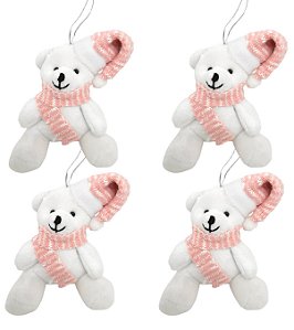 Kit 4 Ursinhos Pelúcia Natal Prime Gorrinho e Cachecol Rosa 12cm - Master Christmas