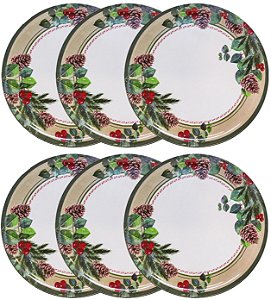 Conjunto 6 Pratos de Mesa Refeição Melamina Estampa Natalina Pinhas e Folhagens - Magizi
