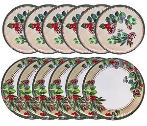 Kit 6 Pratos de Mesa e 6 Pratos Sobremesa Melamina Estampa Natalina Pinhas e Folhagens - Magizi