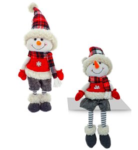 Kit Boneco de Neve Pelúcia Natalina em Pé e Sentado Xadrez Vermelho e Cinza 45cm - Magizi