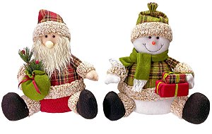 Jogo Papai Noel e Boneco de Neve Pelúcia Scoth Sentado Xadrez Verde e Vermelho 36cm - Magizi