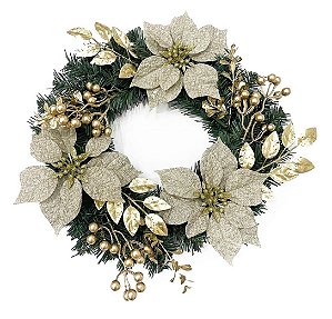 Guirlanda Decorada Dourado Luxo 3 Flores Bico de Papagaio Linho Natural 40cm - Magizi
