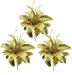 Jogo Flor Lírio Natalino Glitter Dourada 24cm 3 Unidades - Yangzi