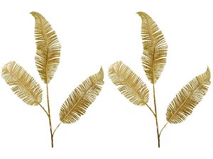 Kit 2 Galhos Folhagens Para Arranjo Natal Metalizado Dourado 75cm - Magizi