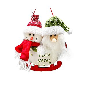 Placa Trenó Papai Noel e Boneco de Neve Funny Madeira e Pelúcia 25cm - Magizi