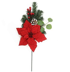 Galho Natal Luxo 60cm Flor Bico de Papagaio Vermelho Decorado Folhagens e Pinha Nevada - Magizi