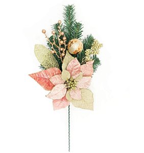Galho Decorado Luxo 40cm Flor Bico de Papagaio Rosê Gold Folhagens, Berries e Bola Dourada - Magizi