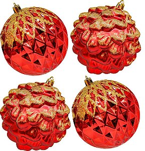 Kit 4 Bolas Natal Mix Decoradas Vermelho Luxo 10cm Lantejoulas e Glitter Dourado - Magizi