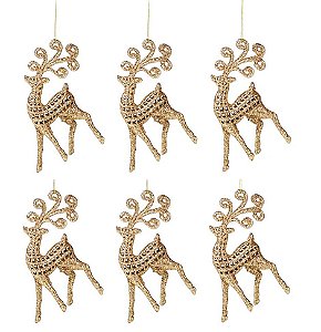 Kit Rena Gliter Dourado Pendente 13cm 6 Pç Enfeite Árvore