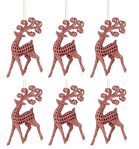 Kit Rena Natal Gliter Rosê Pendente 13cm 6 Pç Enfeite Árvore