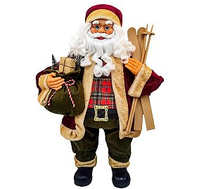 Papai Noel Decorativo Luxo Casaco Vinho e Xadrez Saco de Presentes e Ski 80cm - Magizi