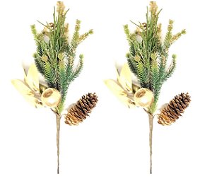 Kit 2 Galhos Arranjo Natal Folhagens Verde e Dourada Pinhas 30cm - Magizi