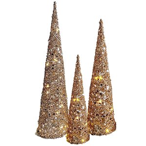 Jogo Árvore Cone Cotton Glitter Dourada Iluminada Fio de Fada LED à Pilha 40, 50 e 60cm - Magizi