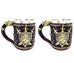 Kit 2 Canecas Medieval Escudo Leão Resina 3D Copo Revestimento Interno Inox 400ml - Onyx