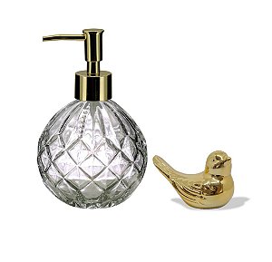 Kit Lavabo Porta Sabonete Líquido Vidro Vitral e Mini Pássaro Cerâmica Dourado