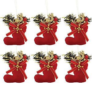 Kit 6 Botinhas Veludo Vermelho Decoradas Mini Rena e Corneta Dourada 7cm - Magizi