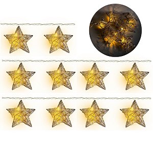 Cordão 10 Estrelas Aramado Dourado Luxo Lâmpadas LED 1,3 metros à Pilha - Magizi