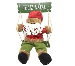 Papai Noel Pelúcia Gangorra Madeira Placa Feliz Natal 43cm
