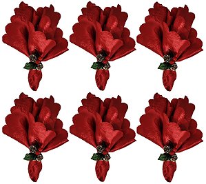 Jogo Guardanapos Tecido Vermelho 45x45cm e Argolas Decoradas Pinhas Natal 6 Unidades - Magizi