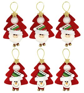 Kit 6 Pelúcias Árvore Noel Guizo Pendente Papai Noel e Boneco de Neve 16cm - Master Christmas