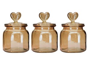 Jogo 3 Potes Vidro Hermético Âmbar Decor Afeto Coração 650ml - Tuut