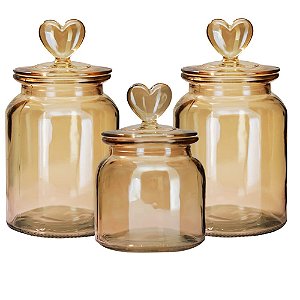 Jogo 3 Potes Vidro Âmbar Decor Afeto Coração 650ml e 1 Litro - Tuut