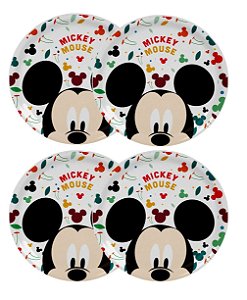 Jogo 4 Pratos Rasos Melamina Refeição Infantil Mickey Mouse Disney 20cm - Tuut