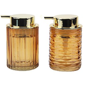 Kit Banheiro 2 Porta Sabonete Líquido Vidro Relevo Âmbar Gold Luxo 260ml - Tuut