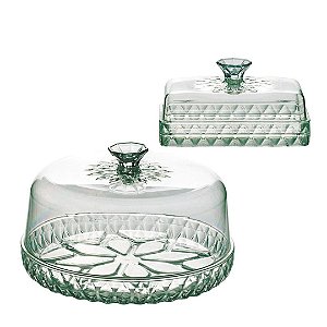 Jogo Queijeira e Manteigueira Acrílico Cristal Verde Glamour - Plasútil