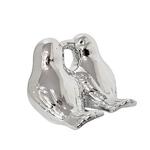 Enfeite Pássaro Casal Porcelana Prata Decorativo 11cm - Lívon