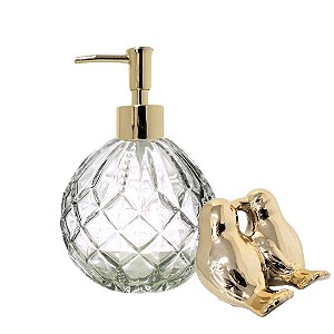 Kit Banheiro Porta Sabonete Líquido Vidro Vitral e Casal Pássaro Porcelana Dourado - Yangzi
