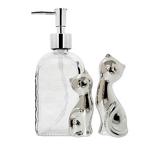 Kit Banheiro Decor Porta Sabonete Líquido Clear e Enfeite Casal Gato Porcelana - Yangzi