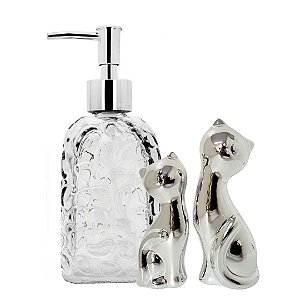 Kit Banheiro Porta Sabonete Líquido Vidro Clear e Enfeite Casal Gato Porcelana Prata - Yangzi