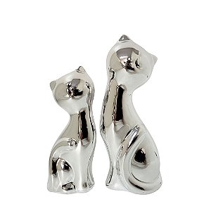 Enfeite Casal Gato Decorativo Porcelana Prata Cromado 14cm - Lívon
