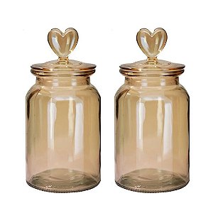 Jogo 2 Potes Vidro Hermético Âmbar Decor Afeto Coração 1310ml - Tuut