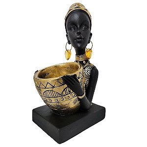 Estatueta Cerâmica Decorativa Africana Luxo Preto e Dourado com Bowl 24cm - MCD