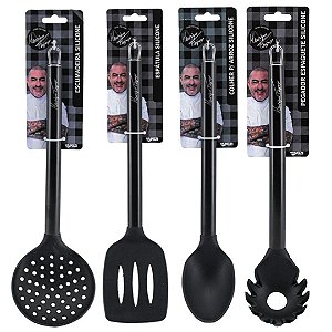Jogo 4 Utensílios Cozinha Silicone Black Cabo Inox Henrique Fogaça - Tuut